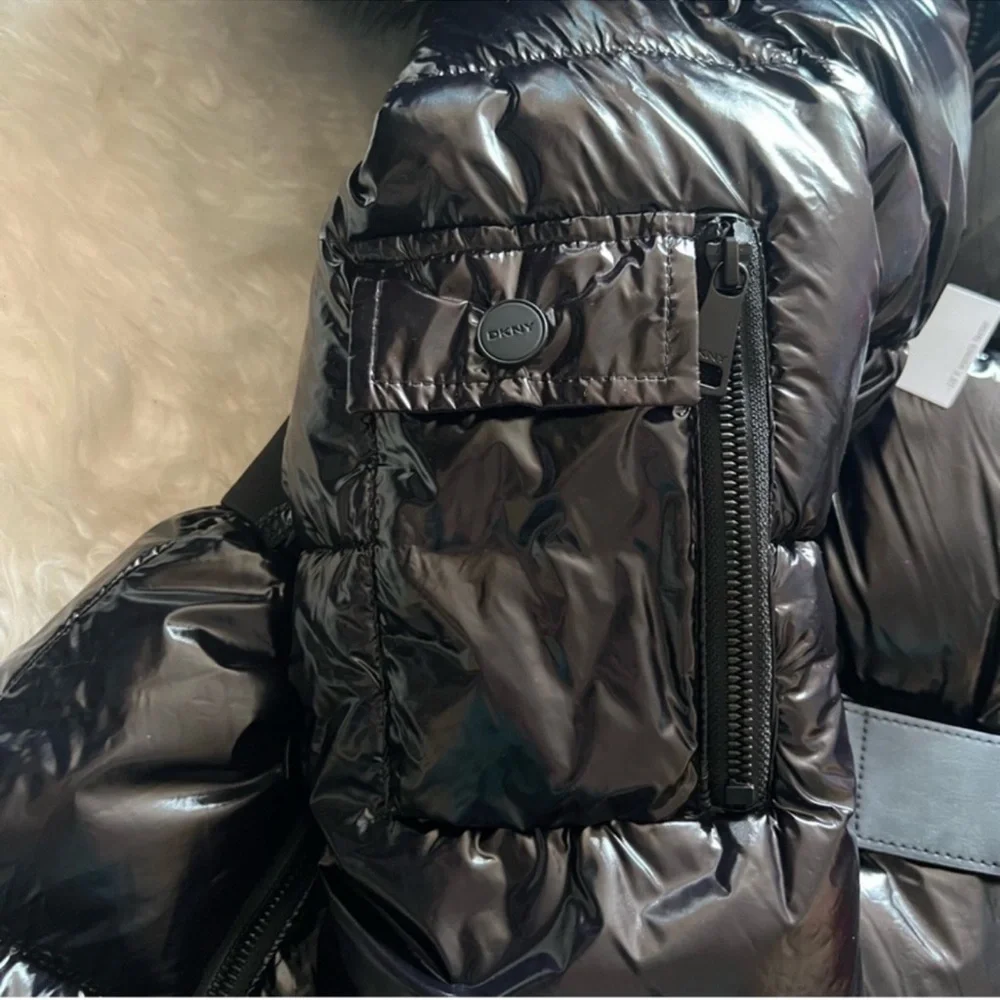 New! DKNY Black Glossy Belted Puffer Coat with Removable Faux Fur Hood - Picture 14 of 16